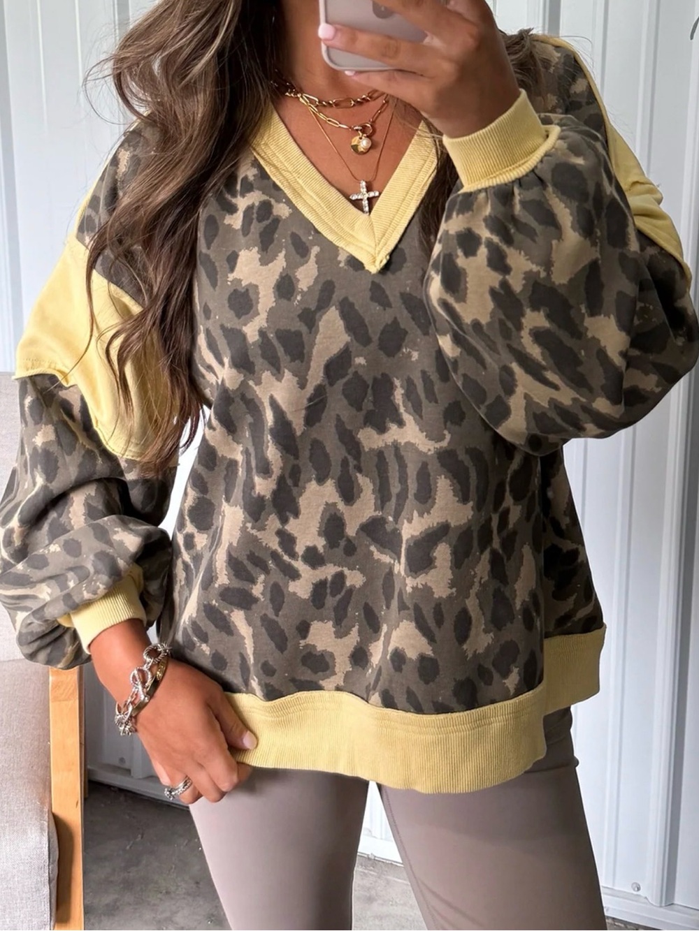 Leopard-Print V-Neck Sweater with Yellow Trim